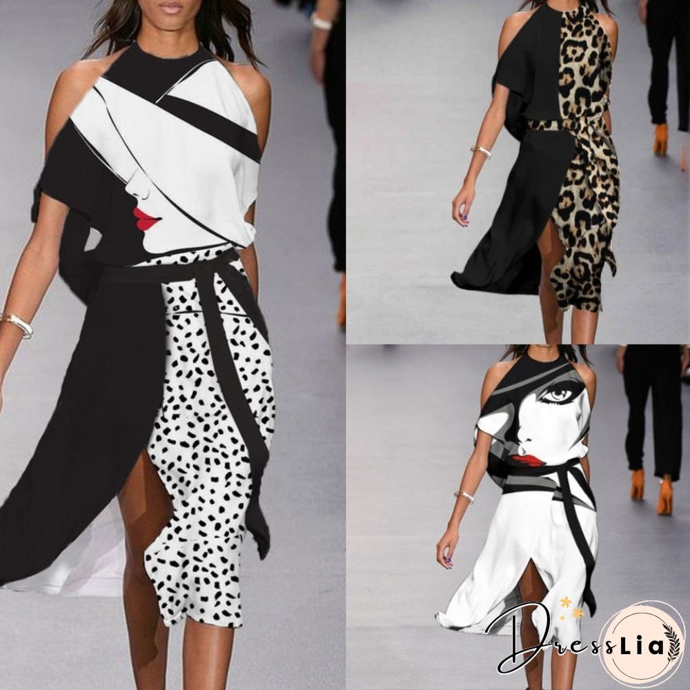 Retro Pattern Print Dress Women Sexy Elegant Short Sleeved Halter Loose Slit Party Dress