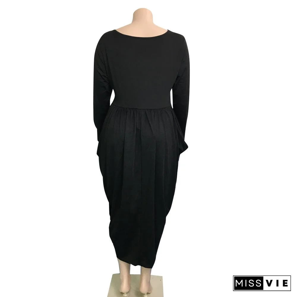 5XL Plus Size Long Sleeve V-neck Pleated Dresses