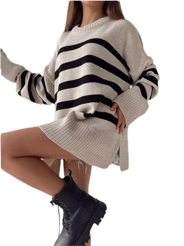 Nigikala Nigikala Autumn And Winter Women's Clothing Jacket Loose Round Collar Bump Color Knitted Striped Sweater Woman