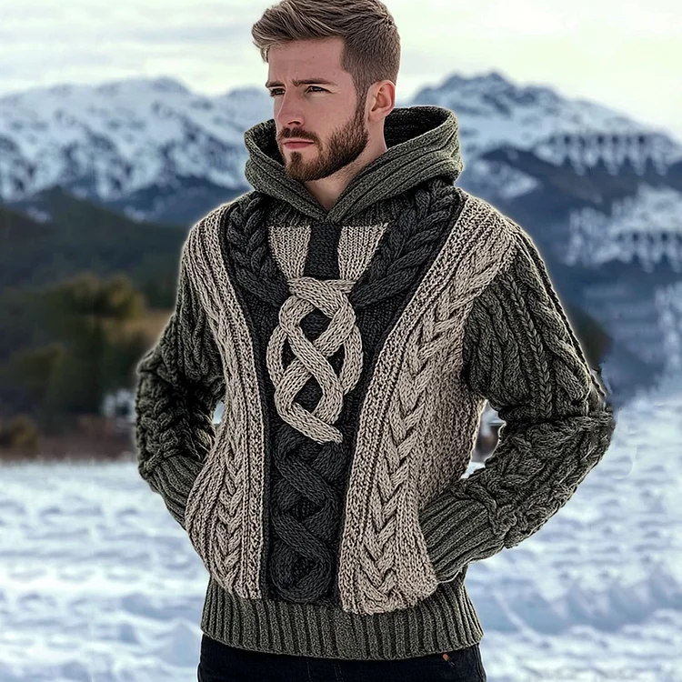 Irish Celtic Jacquard Contrasting Cozy Knit Hooded Sweater