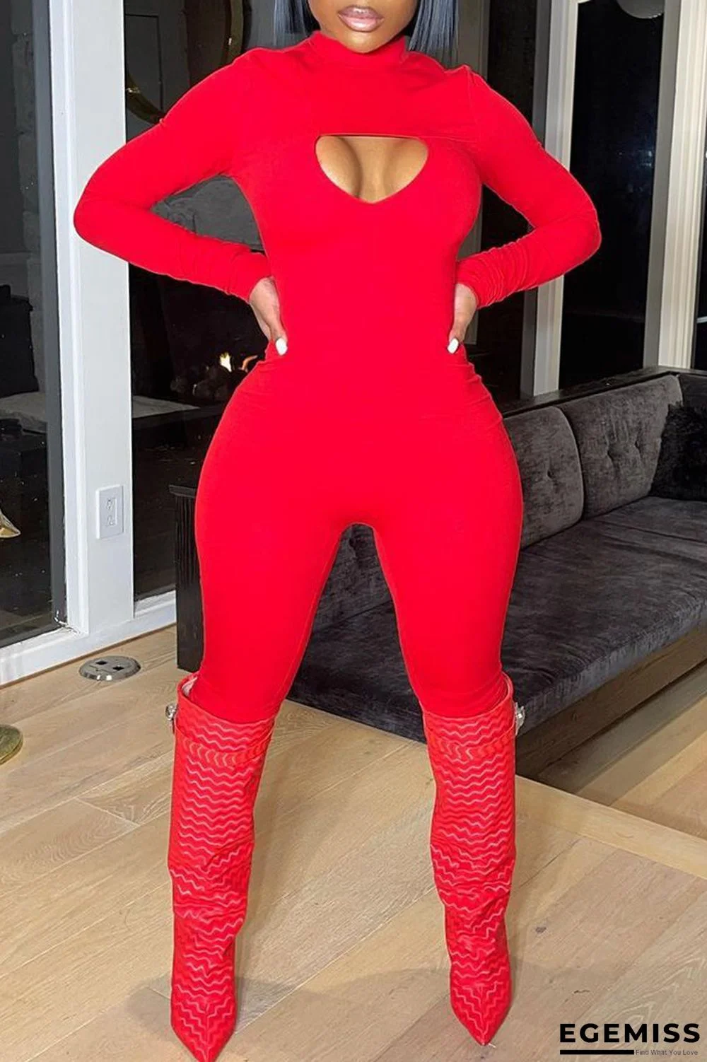 Red Fashion Casual Solid Hollowed Out Half A Turtleneck Skinny Jumpsuits | EGEMISS