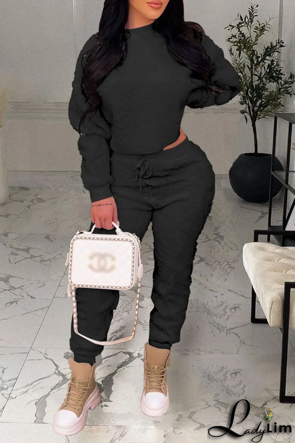 Coffee Casual Solid Split Joint O Neck Long Sleeve Two Pieces