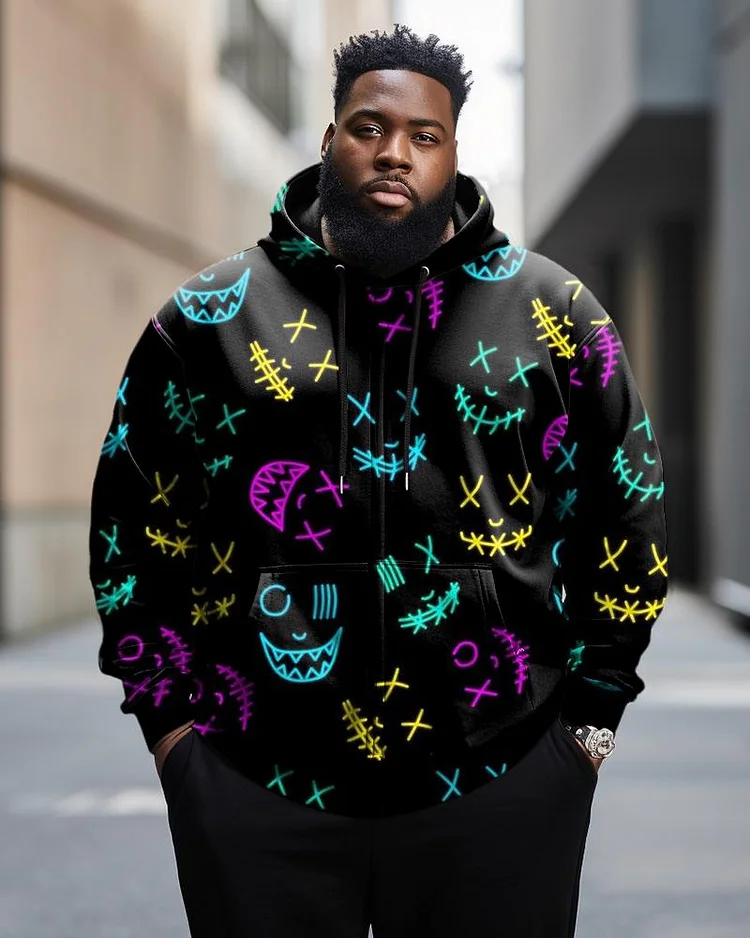 Men s Plus Size Casual Multicolor Smiley Face Zip Hoodie