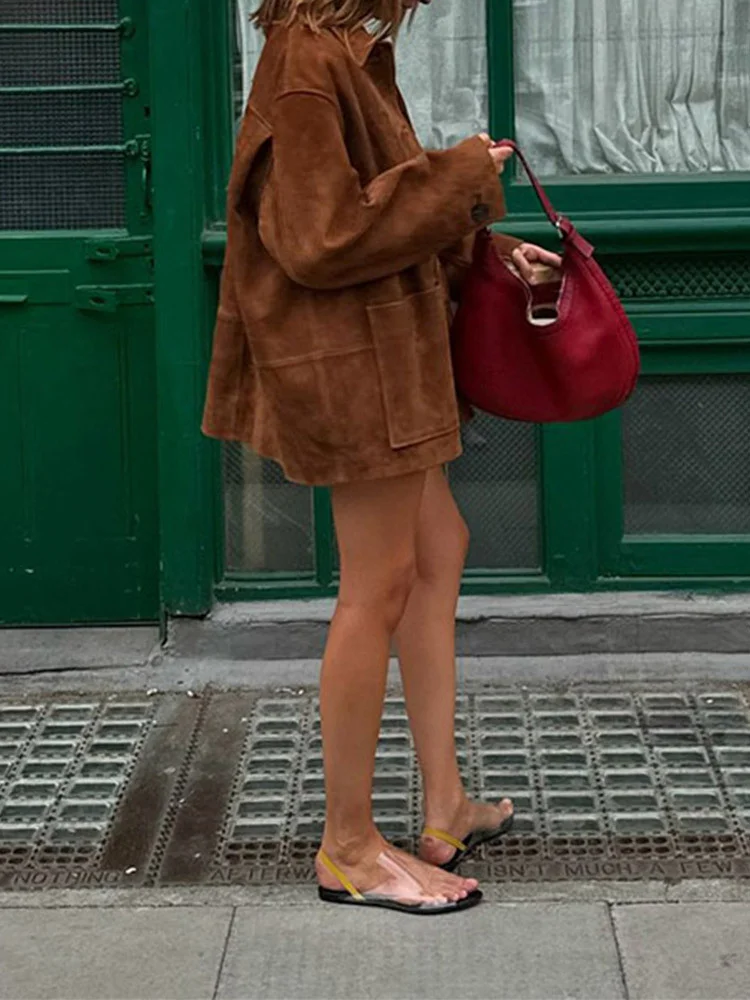 Churchf Churchf Shot-Vintage Lapel Long Sleeve Button Coat 24 Stylish Female Loose Street Style Pocket Jacket