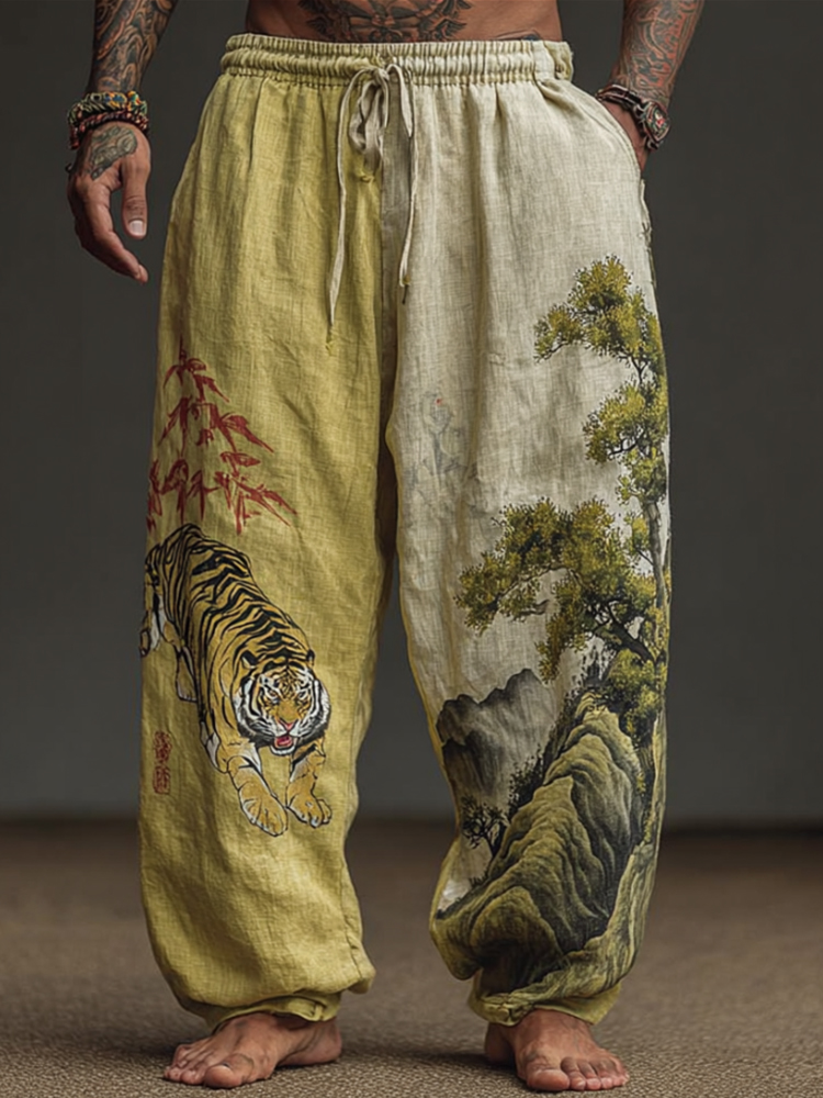 Men's Retro Japanese Tiger Embroidery Art Linen-blend Casual Pants  artssus