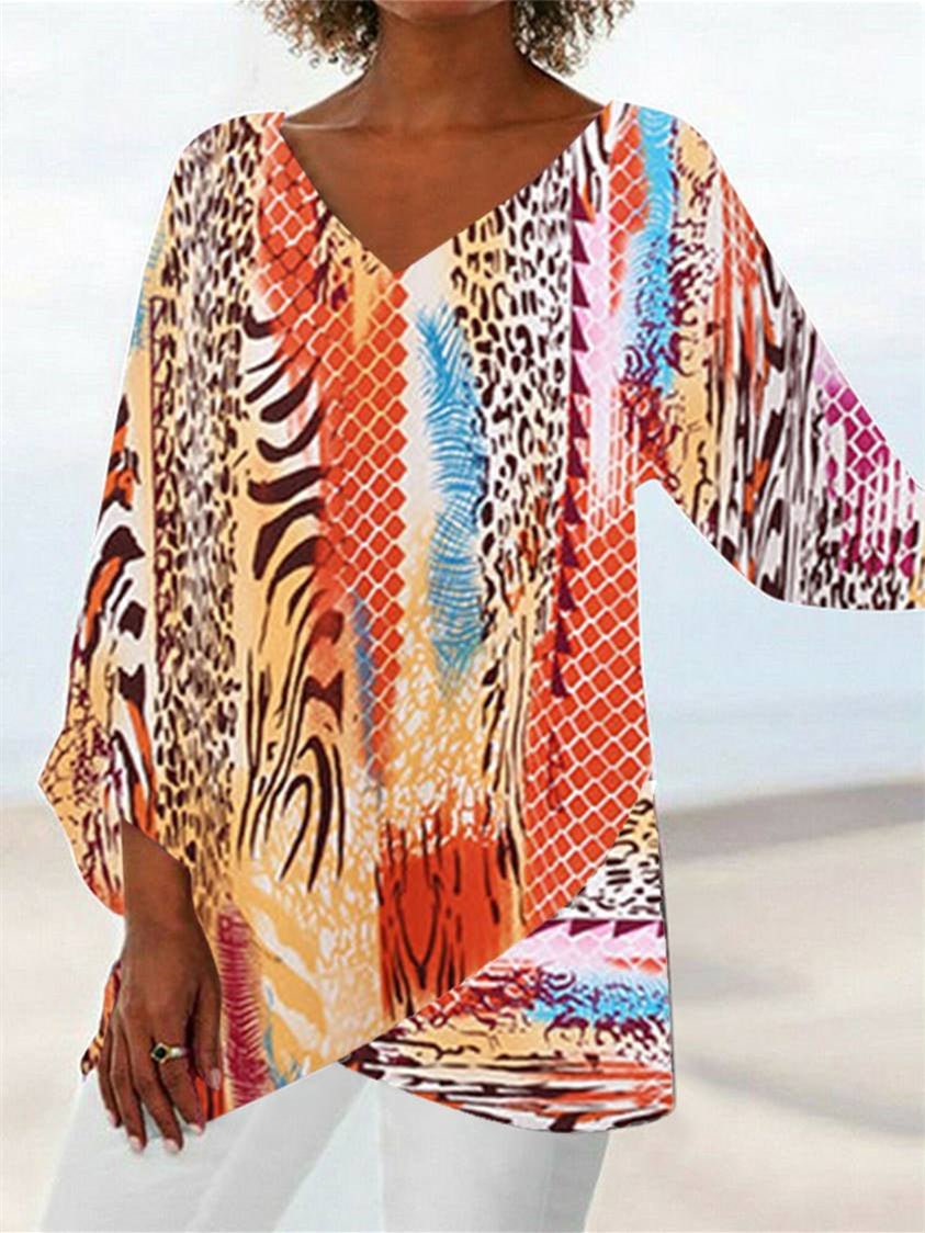 Women Asymmetrical 3/4 Sleeve V-neck Printed Stitching Tops