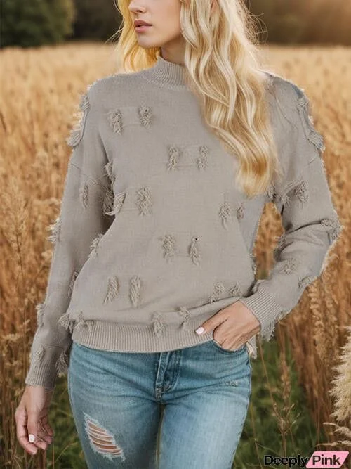 Fringe Detail Long Sleeve Mock Neck Sweater