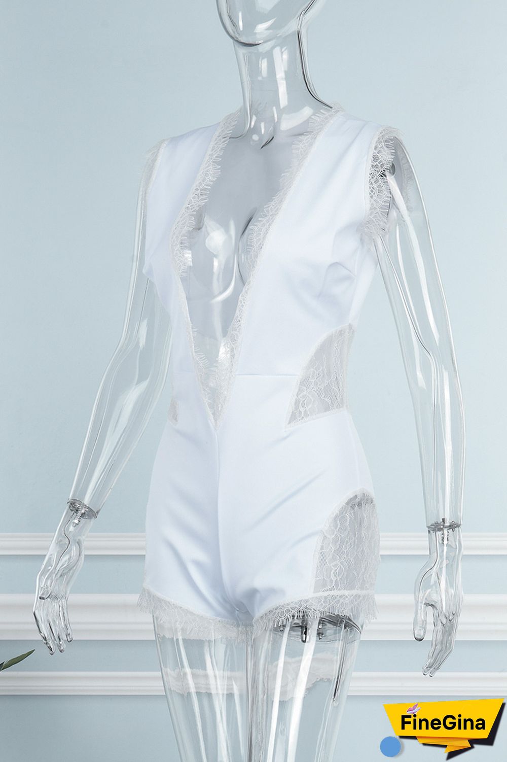 White Sexy Casual Solid Lace Patchwork V Neck Regular Jumpsuits