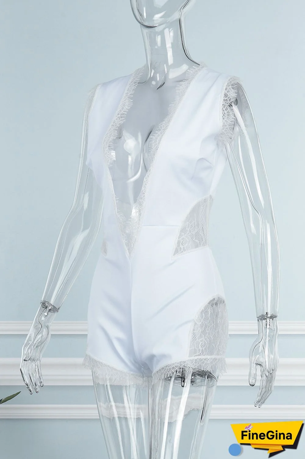 White Sexy Casual Solid Lace Patchwork V Neck Regular Jumpsuits