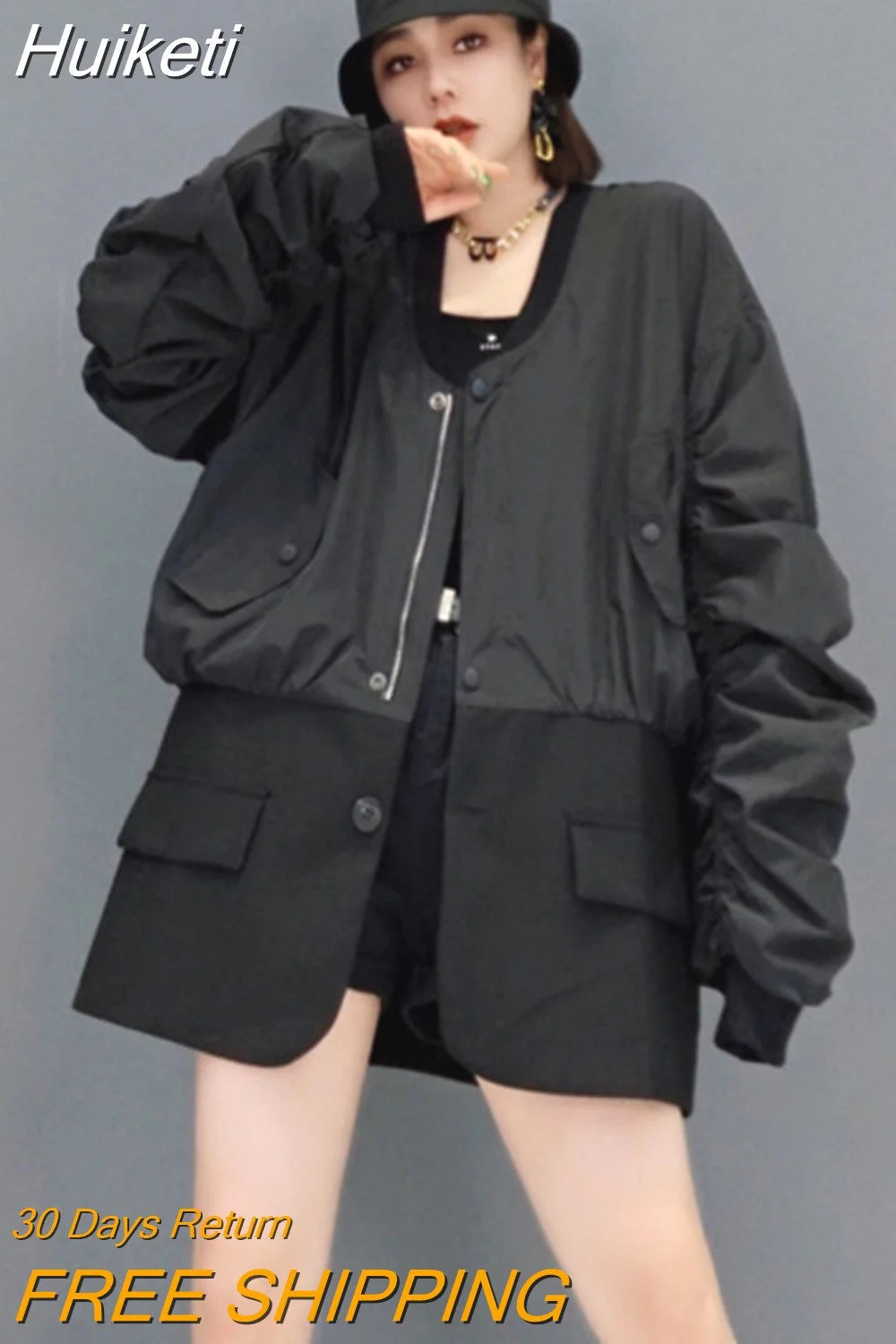 Huiketi Black Jacket Women Loose Casual Round Neck Long Sleeve Solid Color Coat 2023 Autumn New Fashion Tide 5SD002