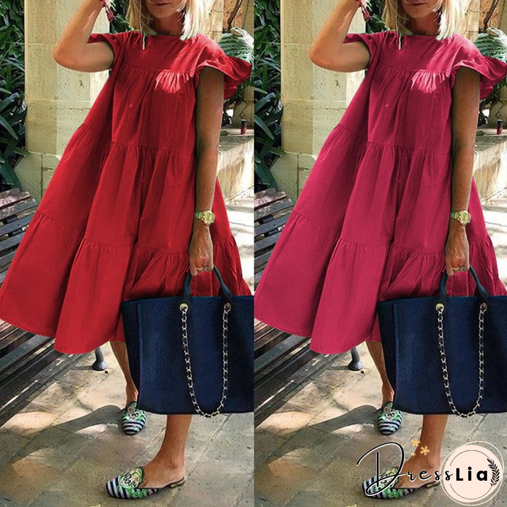 Summer Women Short Sleeves Long Dress Ruffled Pleated Party Casual Baggy Cotton Linen Midi Dresses Plus Size