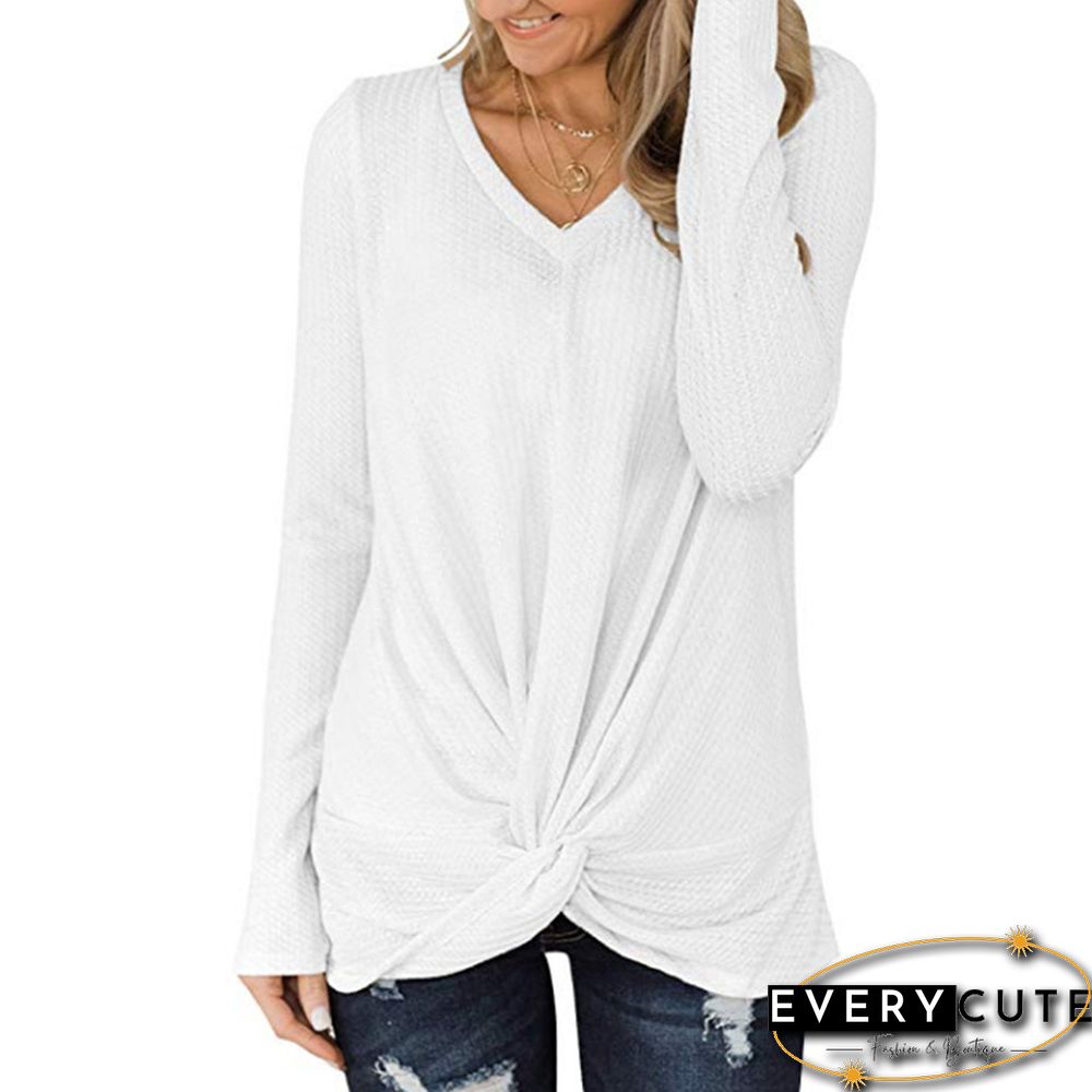 White V Neck Front Twist Long Sleeve Tops