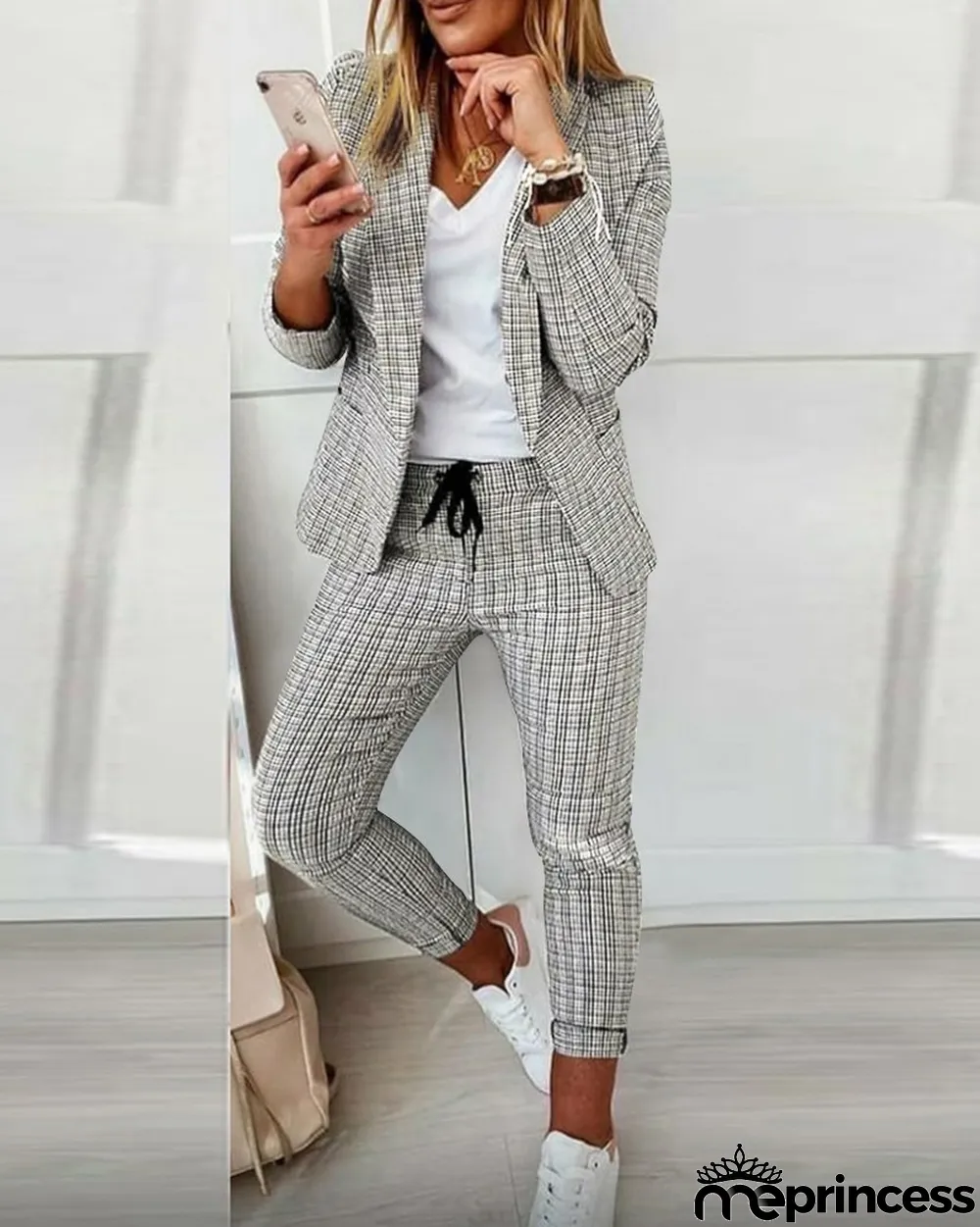 Casual Fashion Suit Women's Plaid Blazer and Pants Suit