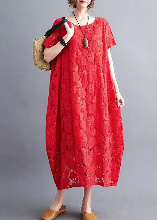 Diy Red Oversized Hollow Out Lace Long Dress Summer