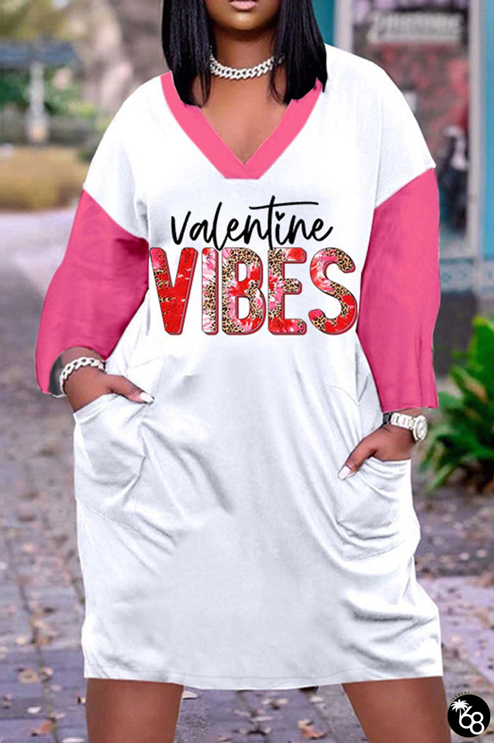 Valentine's Day Rose Red Casual Print Patchwork Basic V Neck Long Sleeve Dresses | 168DEAL