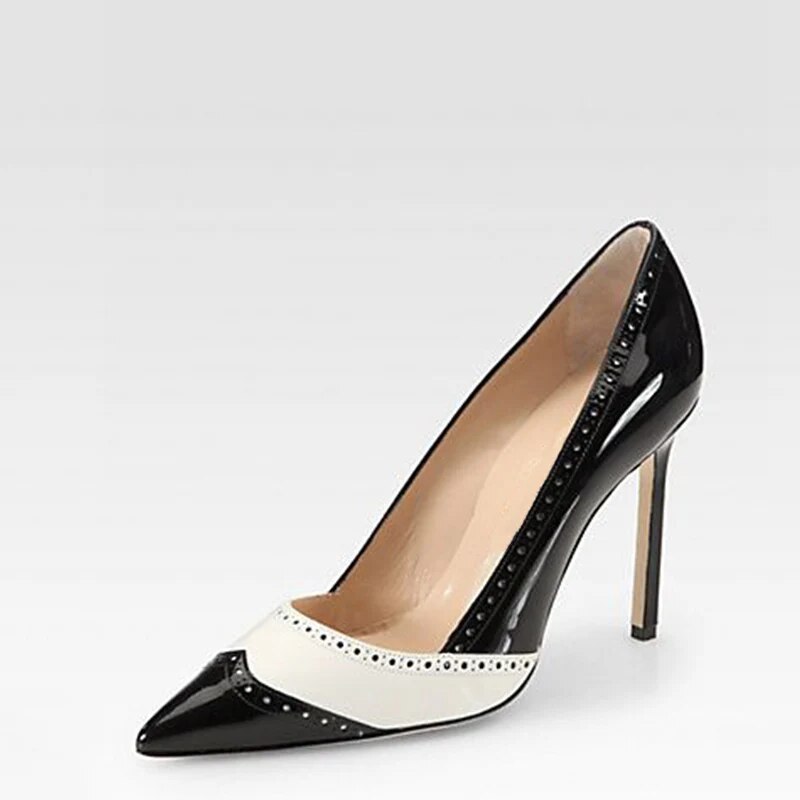 TAAFO Black White Pointed Toe Patent Leather Pumps Woman High Thin Heels Stilettos Ladies Party Shoes Rivet