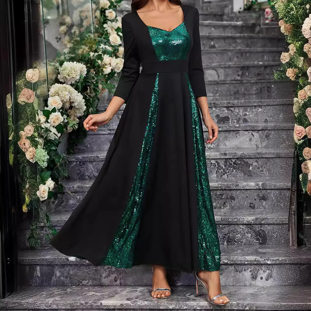 Athvotar Solid-Colored Small V-Necked Brightlied Elegant Long-Sleeved A-Character Ladies Dress