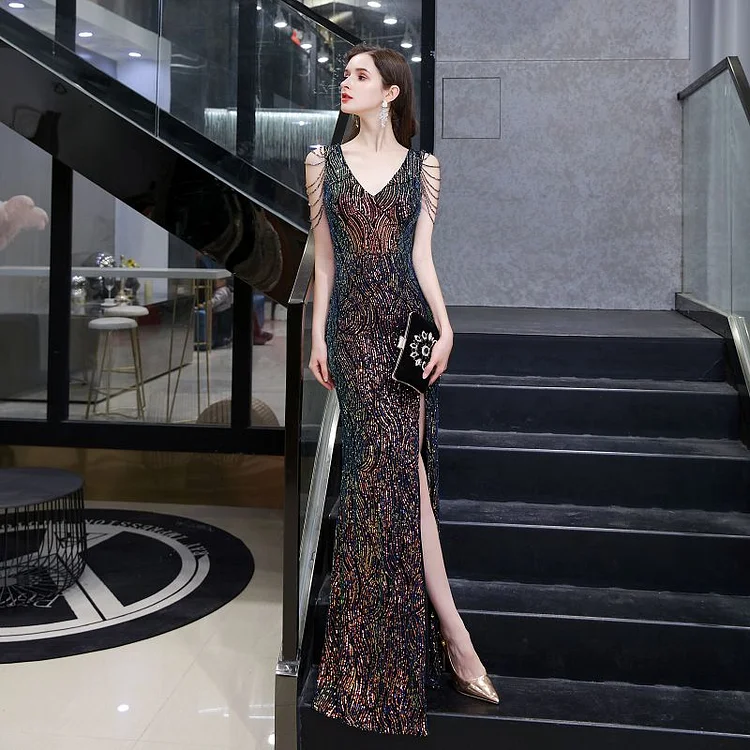 Women Sequined Long Evening Dresses Double V Neck Side Slit Sequins Wedding Party Gown