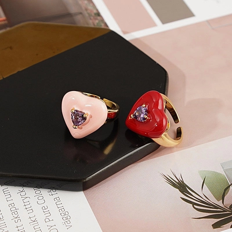 Copper Gold Plated Silver Plated Classical Retro Inlay Heart Shape Zircon Open Rings