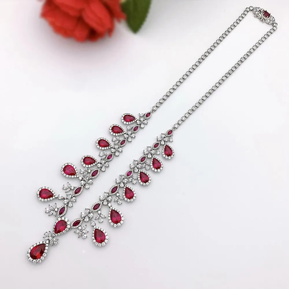 Elegant Vintage 925 Sterling Silver Pear Created Moissanite Ruby Gemstone Anniversary Pendant Necklace Fine Jewelry