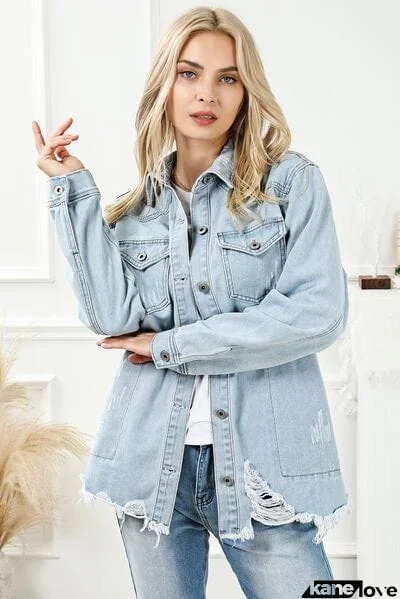 Distressed Button Up Frayed Hem Denim Jacket