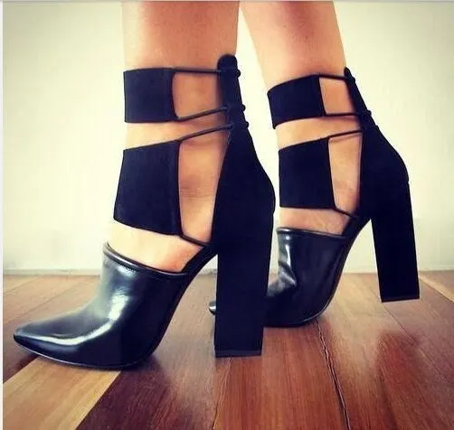VCSHOES Cut Out Pointed Toe High Chunky Heel Shoes