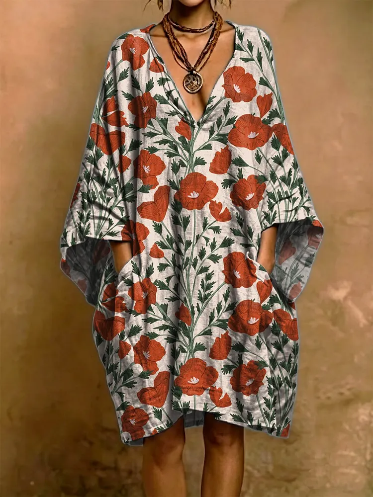 Retro And Elegant Floral Decorative Pattern Woman's Short Sleeve Cotton And Linen Dress