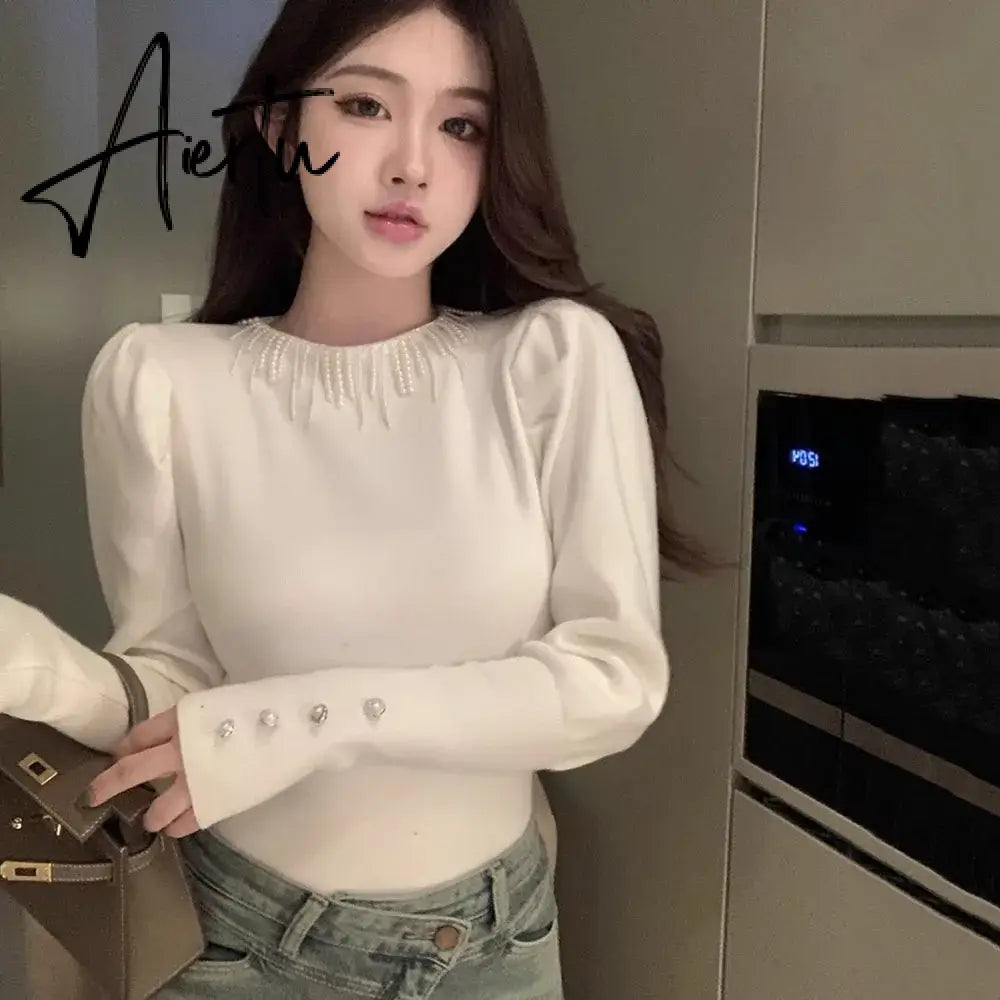 Aiertu French Elegant Pearl Tassel O-neck Bubble Sleeve Women Sweaters Pullovers 2024 Autumn Winter Stretch Female Knitted Tops Jumpers Aiertu