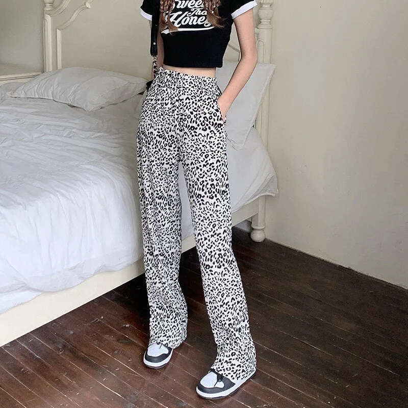 Summer Fashion Casual Slacks High Waist Pants Women Fashion Leopard  Long Trousers  Straight Sweatpants Streetwear