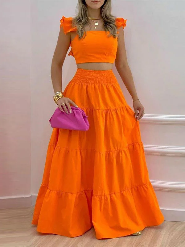 Ruffles Sleeves Bandeau Vest Top+Skirt Bottom Sets