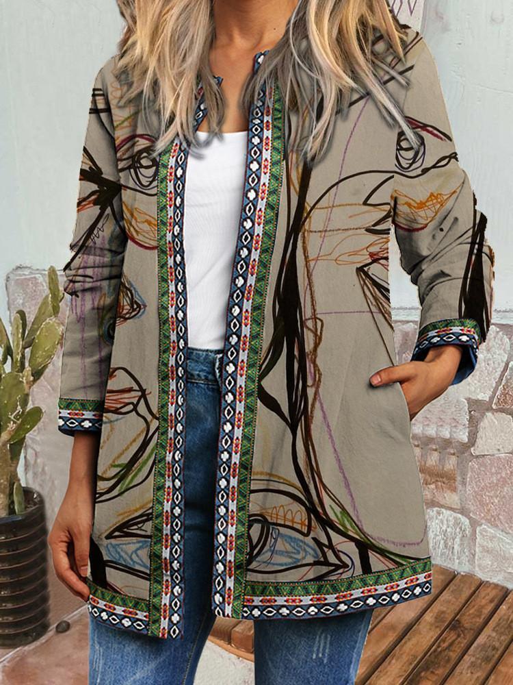 Women Long Sleeve Scoop Neck Polka Dot Geometric Stitching Coat