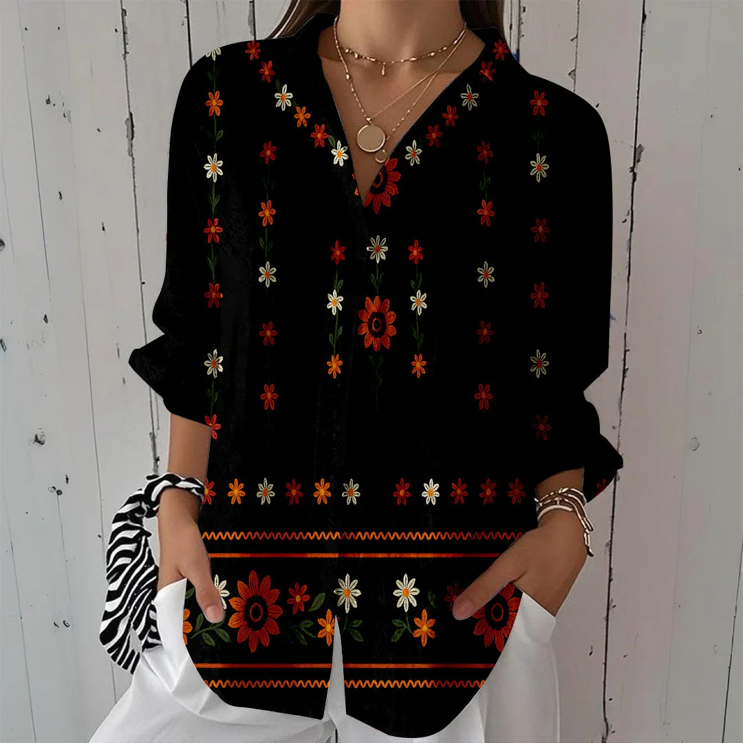 Style & Comfort for Mature Women Women Floral,Black,Orange DZCL0306 3/4 Sleeve Shirt Collar Printed Button Tops