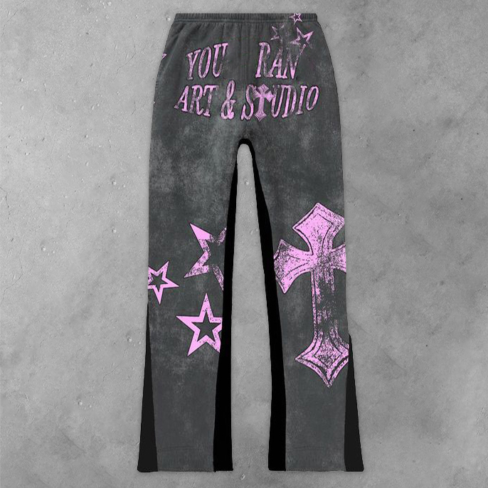 Cross print casual street panel trousers