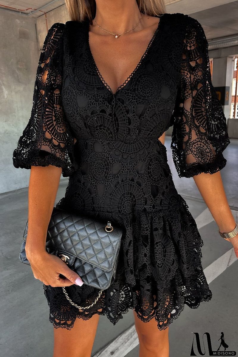 MidiSono - Elegant Solid Hollowed Out V Neck Waist Skirt Dresses