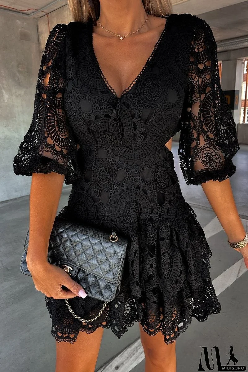 MidiSono - Elegant Solid Hollowed Out V Neck Waist Skirt Dresses