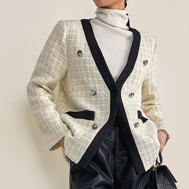 Floral White Contrast Trim Double-Breasted Wool-Blend Tweed Jacket QueenFunky