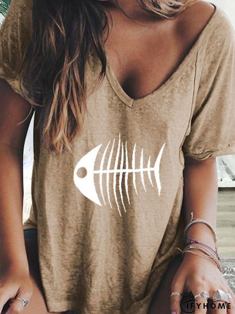 Casual V Neck Cotton-Blend T-shirt | IFYHOME