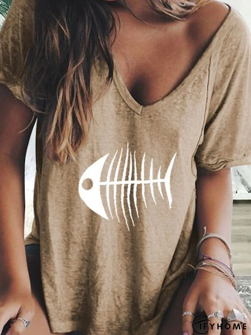 Casual V Neck Cotton-Blend T-shirt | IFYHOME