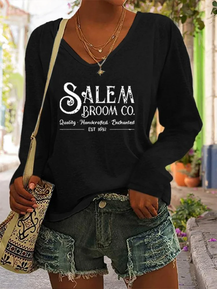 Salem Broom Co Quality Handcrafted Enchanted Est 1692 Print Long Sleeve T Shirt