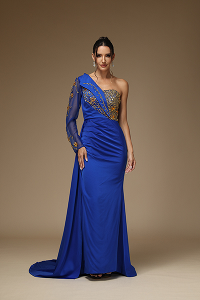 Oknass Glamorous Royal Blue One Shoulder Pleated Long Prom Dress with Sequins