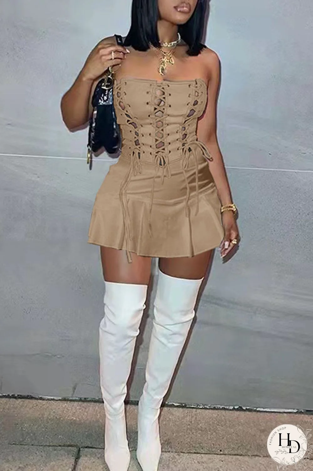 White Fashion Sexy Solid Backless Strap Design Strapless Sleeveless Dress Dresses