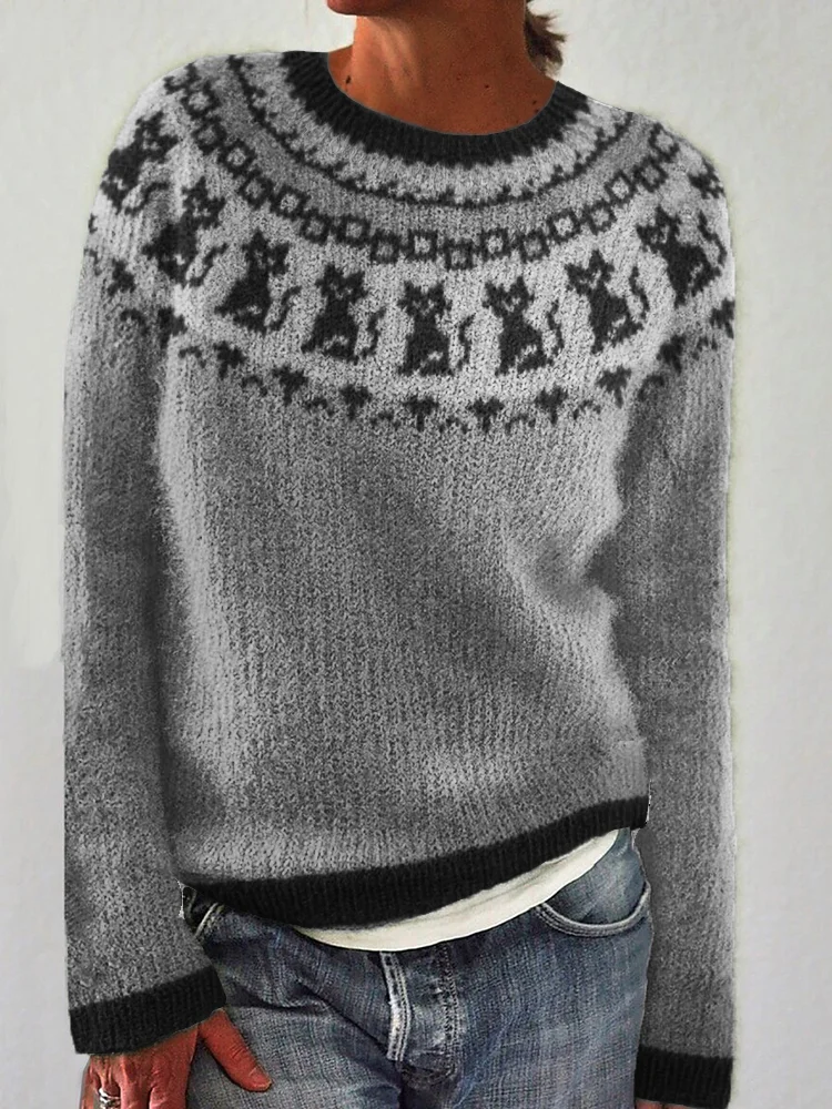 Vintage Cats Pattern Knit Cozy Sweater