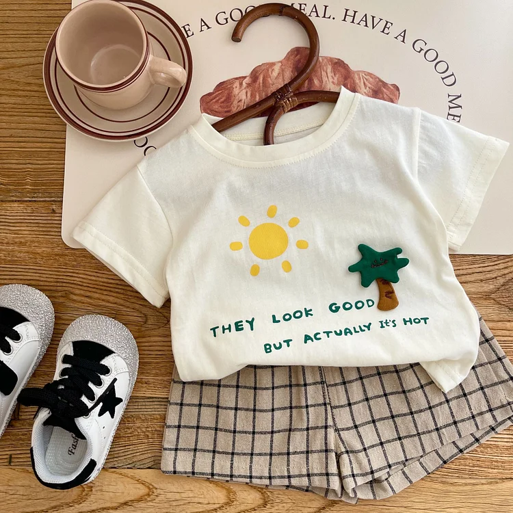 Baby Toddler Boy/Girl Summer Sun Cute Print Pattern Short Sleeve T-shirt & Solid Plaid Shorts Set