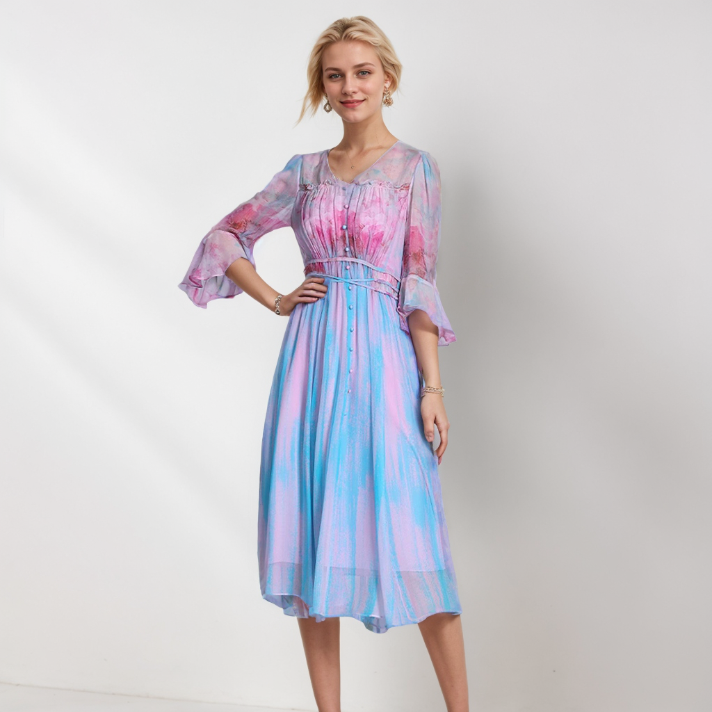 Silk Floral Dress For Women Blue REAL SILK LIFE
