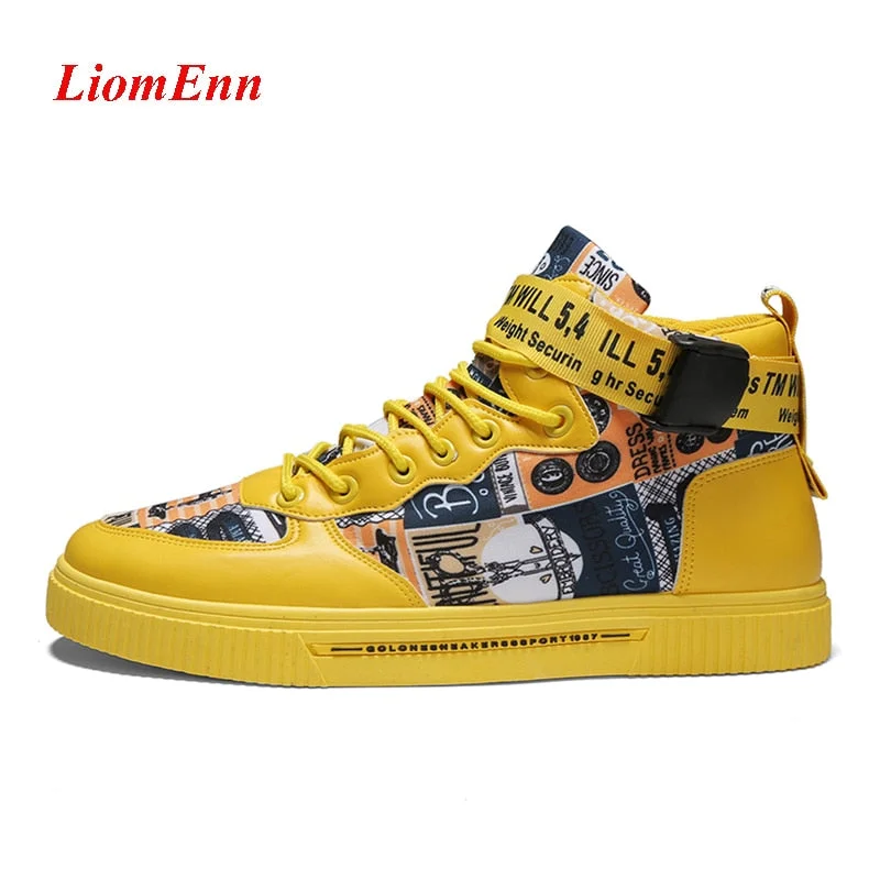 Graffiti High Top Sneakers Women Shoes 2021 Spring White Yellow Sneaker Sport Shoes Man Tennis Vulcanized Shoes Woman Large Size