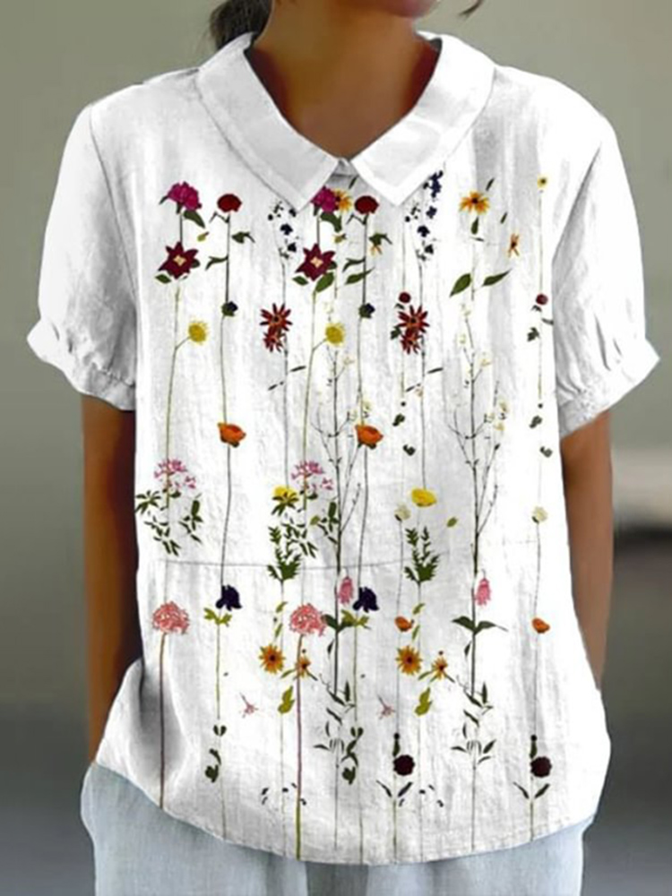 Comstylish Casual Floral Print Cotton And Linen  Short Sleeve Tops