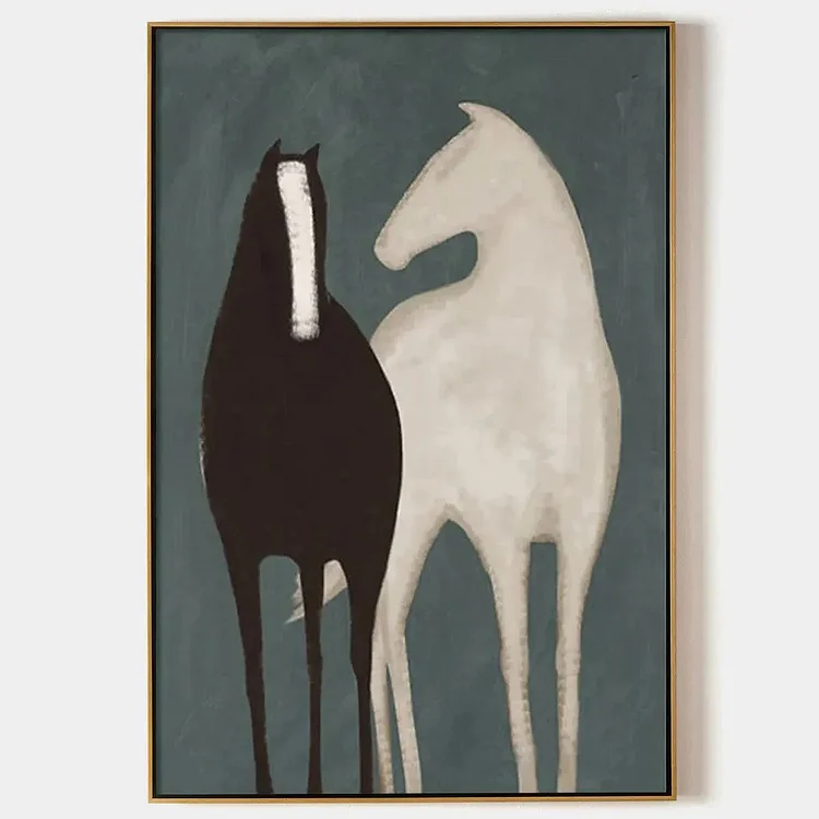 TWO HORSES: Minimalist Horse Painting, Vertical Wall Art（Canvas painting）