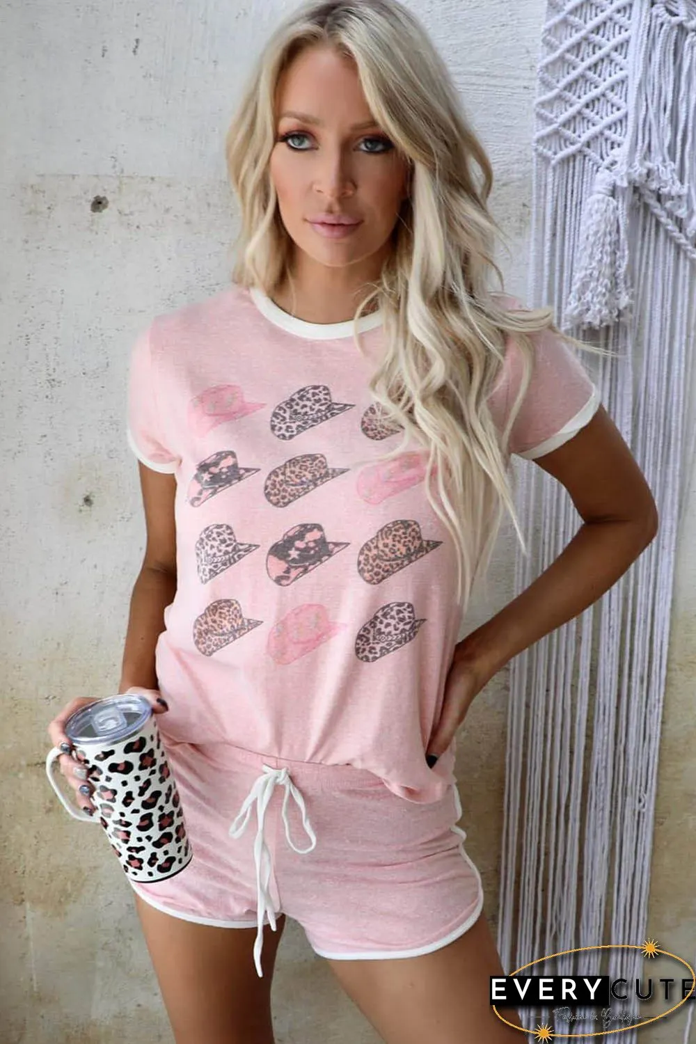 Pink Leopard Hat Print Short Sleeve T Shirt and Drawstring Shorts Loungewear