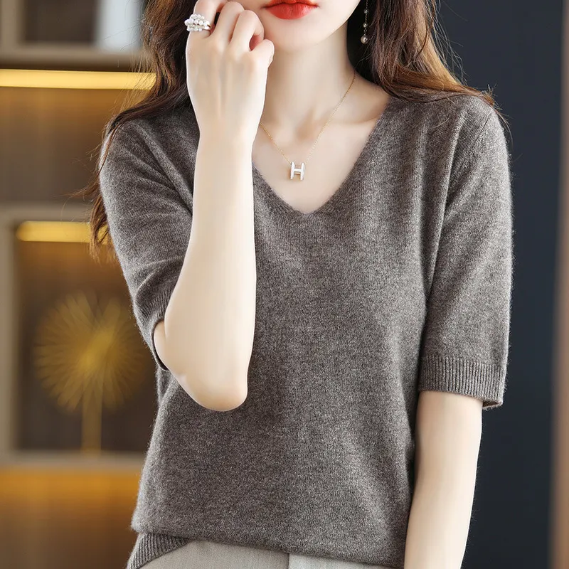 Churchf Churchf 2024 New Short-Sleeved Sweater Women's T-Shirt Solid Color V-Neck Short-Sleeved Bottom Shirt Top Thin Style A Hair