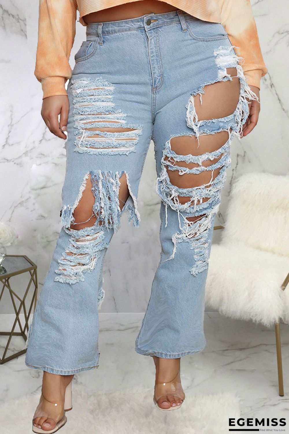 Baby Blue Fashion Casual Solid Ripped Mid Waist Regular Denim Jeans | EGEMISS